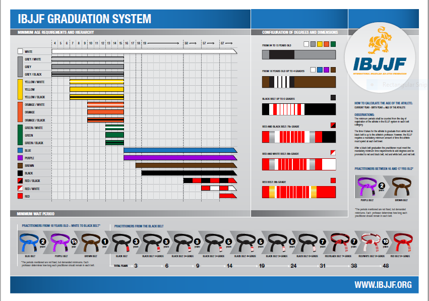 IBJJF graduation system chart — kids and adult belt ladders